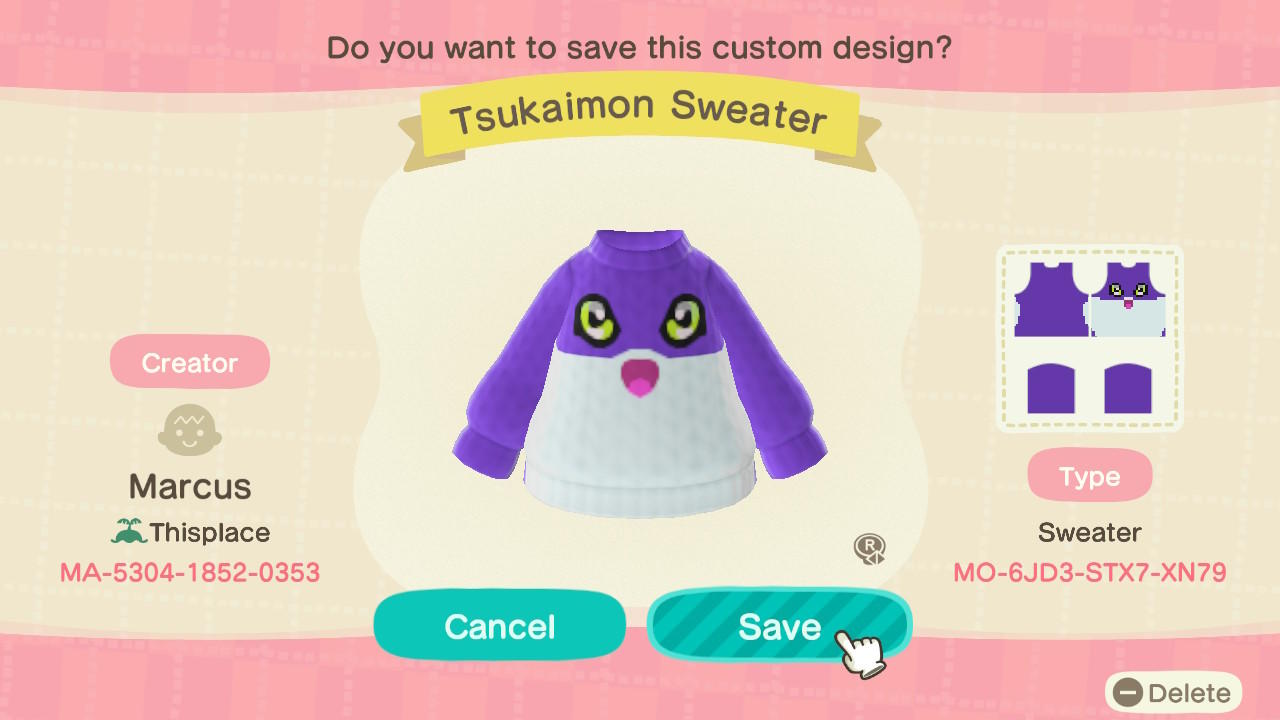 Animal Crossing Design Code: MO-6JD3-STX7-XN79 Tsukaimon Sweater