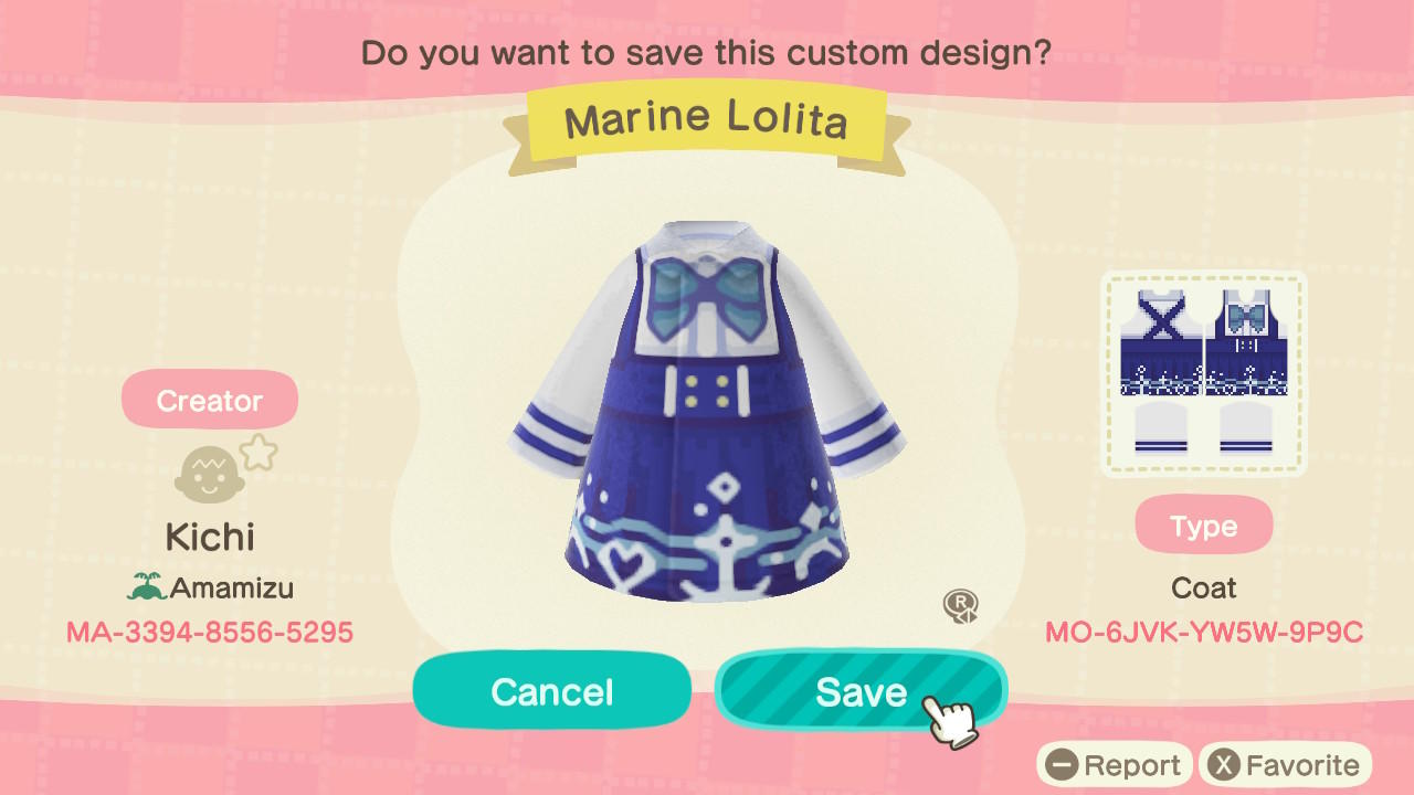Animal Crossing Design Code: MO-6JVK-YW5W-9P9C Marine Lolita