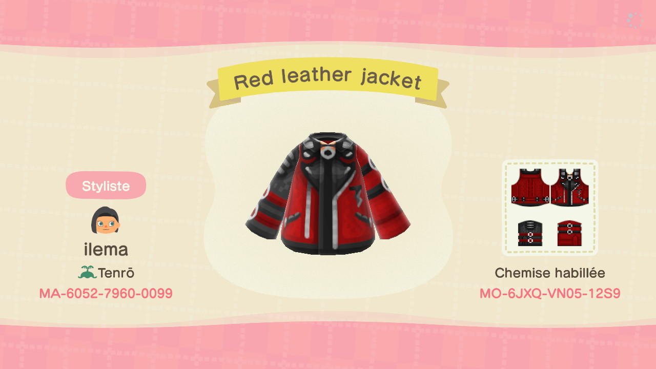 Animal Crossing Design Code: MO-6JXQ-VN05-12S9 Red leather jacket