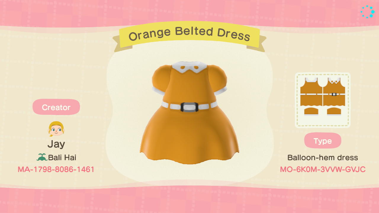 Animal Crossing Design Code: MO-6K0M-3VVW-GVJC Orange Belted Dress
