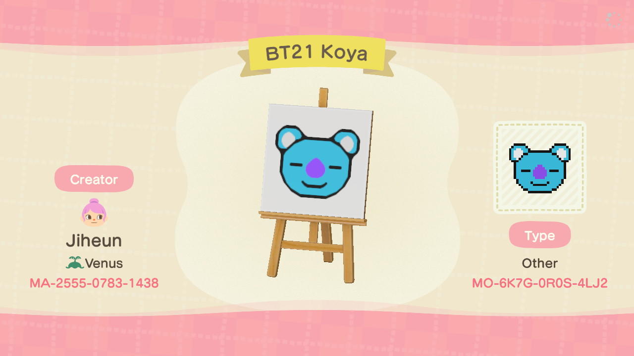 Animal Crossing Design Code: MO-6K7G-0R0S-4LJ2 BT21 Koya
