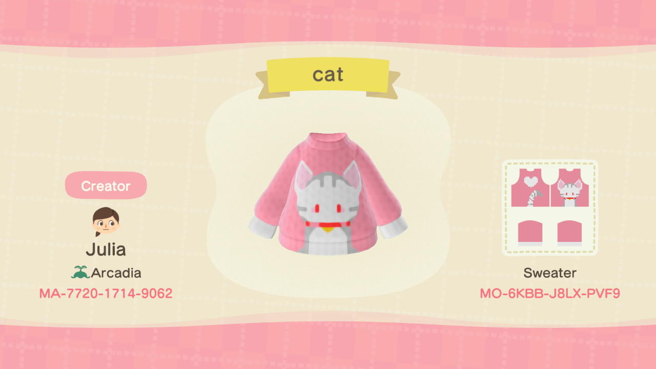 Animal Crossing Design Code: MO-6KBB-J8LX-PVF9 Pink Cat Sweater
