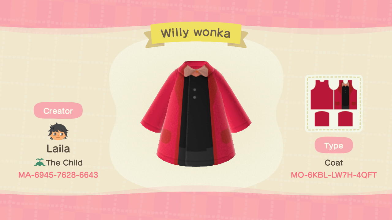 Animal Crossing Design Code: MO-6KBL-LW7H-40FT Willy Wonka’s Coat