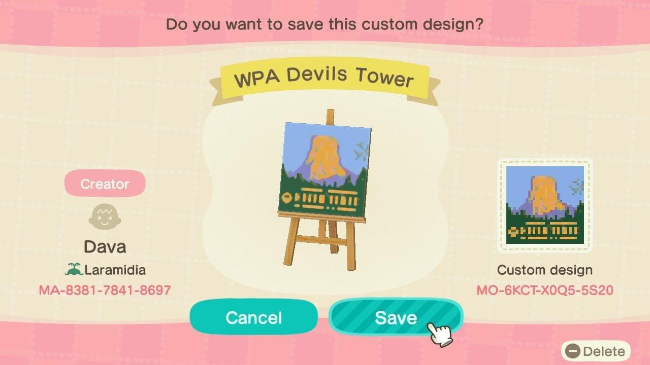 Animal Crossing Design Code: MO-6KCT-X0Q5-5S20 WPA Devils Tower