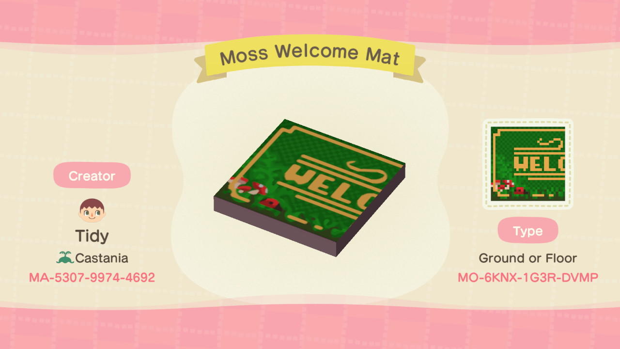 Animal Crossing Design Code: MO-6KNX-1G3R-DVMP Moss Welcome Mat