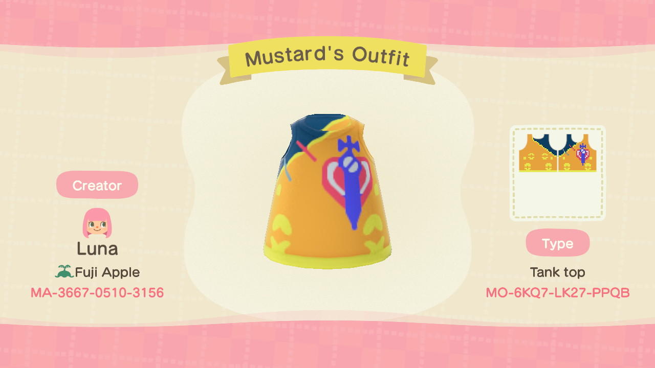 Animal Crossing Design Code: MO-6KQ7-LK27-PPQB Mustard's Outfit
