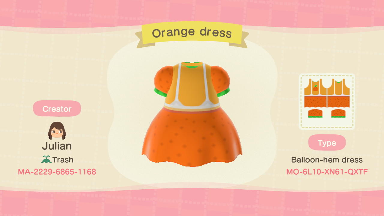 Animal Crossing Design Code: MO-6L10-XN61-QXTF Orange dress