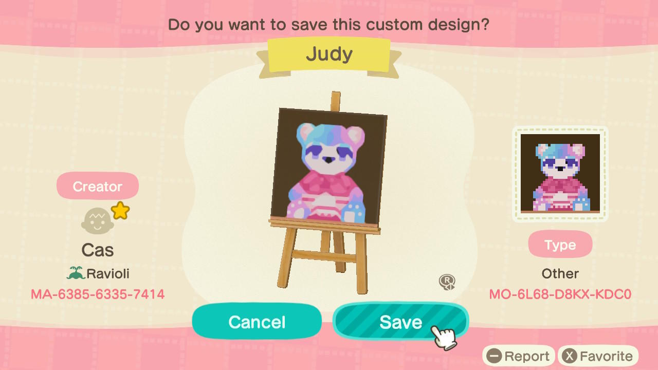 Animal Crossing Design Code: MO-6L68-D8KX-KDC0 Judy