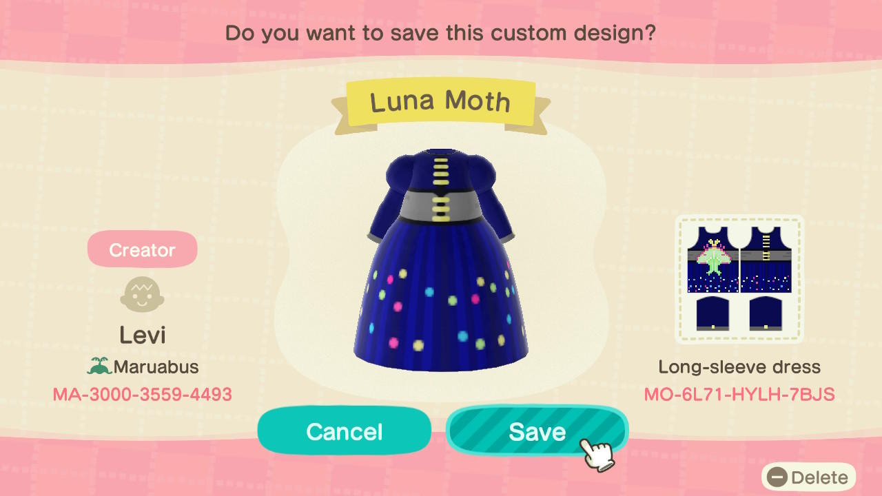Animal Crossing Design Code: MO-6L71-HYLH-7BJS Luna Moth Dress