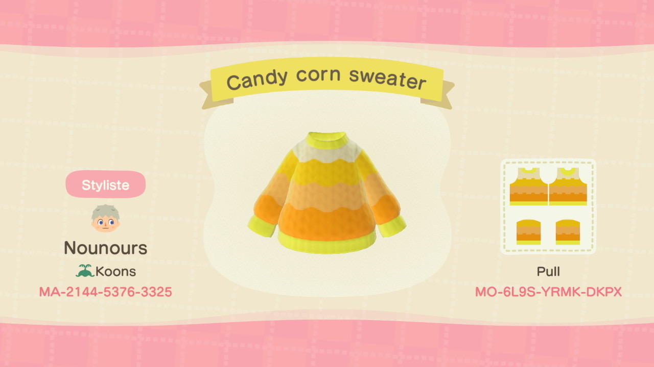 Animal Crossing Design Code: MO-6L9S-YRMK-DKPX Candy Corn sweater