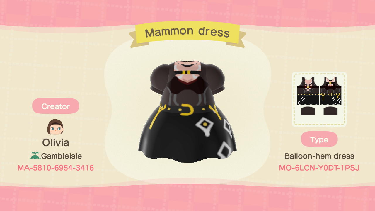 Animal Crossing Design Code: MO-6LCN-Y0DT-1PSJ Mammon dress #2