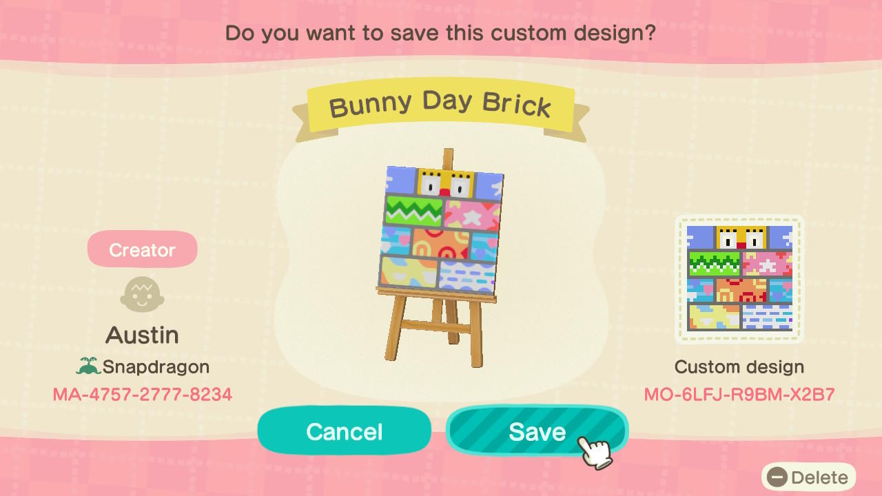 Animal Crossing Design Code: MO-6LFJ-R9BM-X2B7 Bunny Day Brick