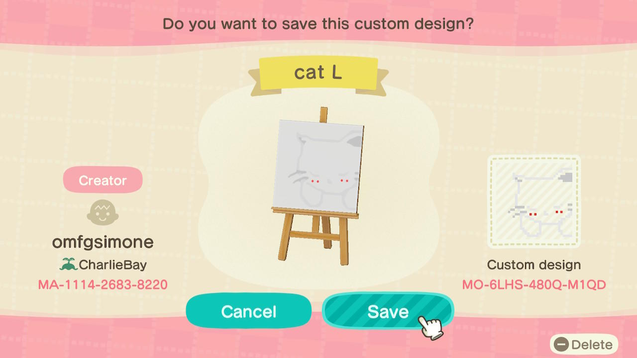 Animal Crossing Design Code: MO-6LHS-489Q-M1QD Chalk Cat Left