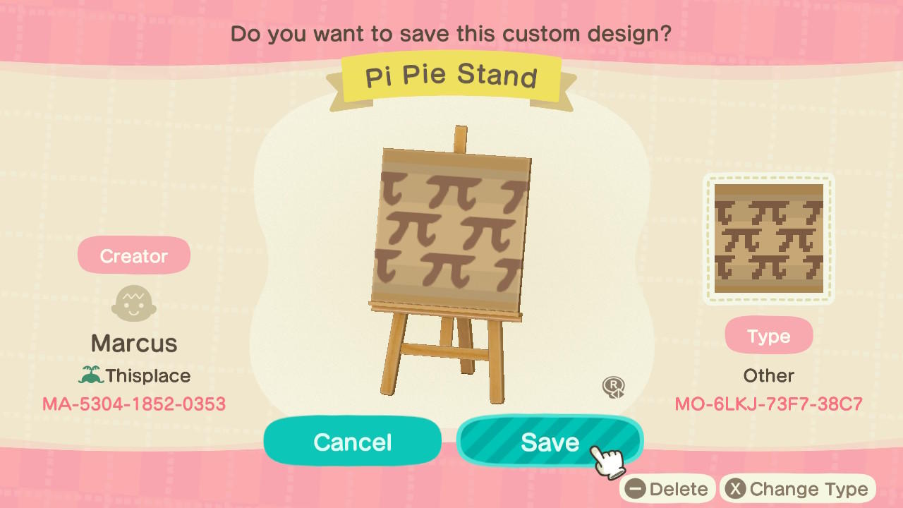 Animal Crossing Design Code: MO-6LKJ-73F7-38C7 Pi Pie Stand