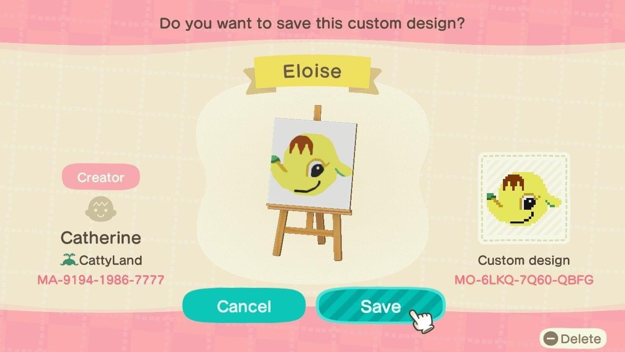 Animal Crossing Design Code: MO-6LKQ-7Q60-QBFG Eloise