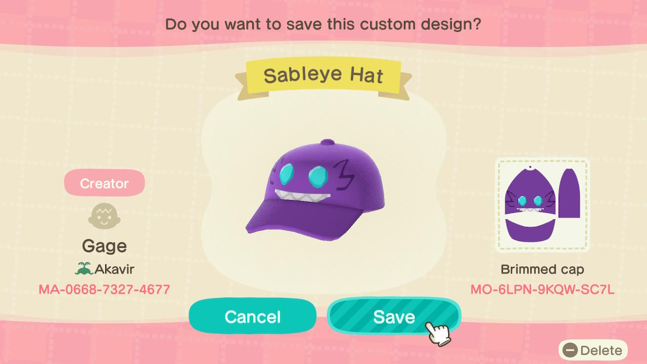 Animal Crossing Design Code: MO-6LPN-9KQW-SC7L Sableye Hat