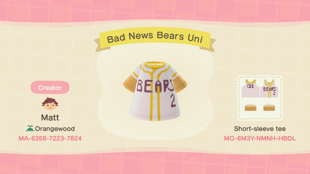 Animal Crossing Design Code: MO-6M3Y-NMNH-HBDL Bad News Bears Uni