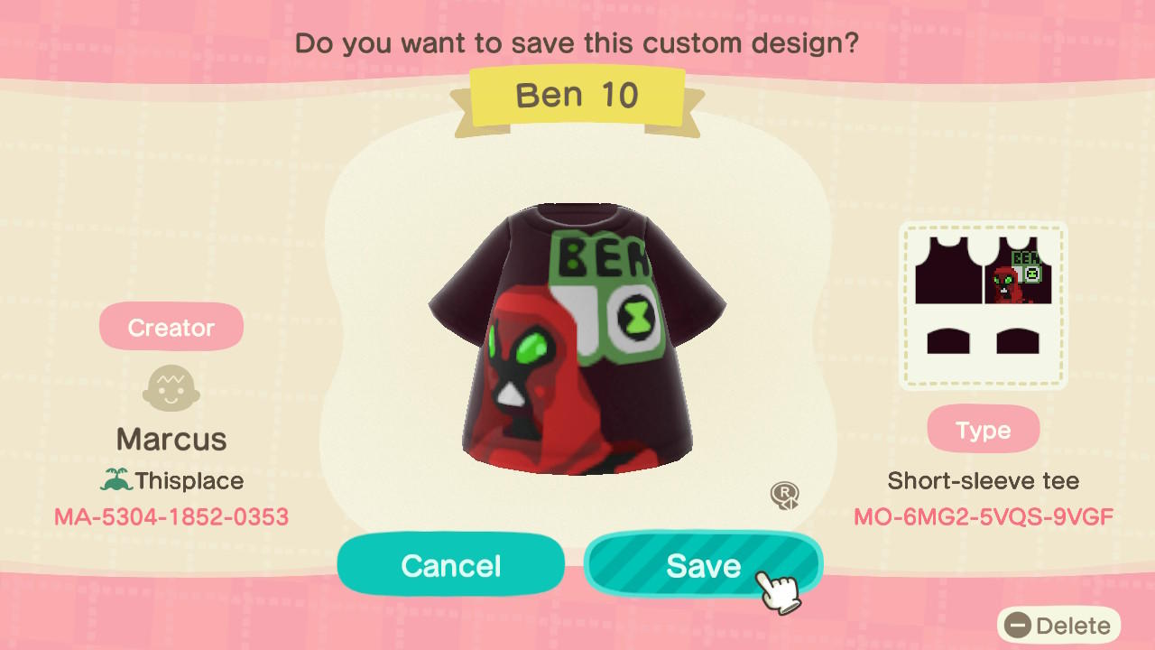 Animal Crossing Design Code: MO-6MG2-5VQS-9VGF Ben 10 Ult Big Chill