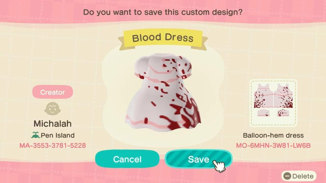 Animal Crossing Design Code: MO-6MHN-3W81-LW6B Bloody Dress