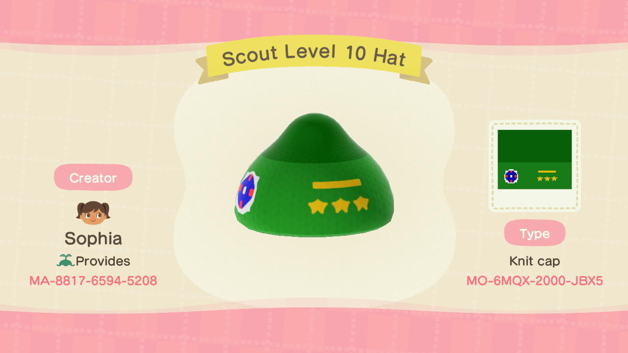 Animal Crossing Design Code: MO-6MQX-2000-JBX5 Scout Level 10 Hat