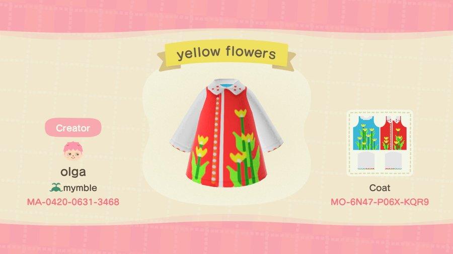Animal Crossing Design Code: MO-6N47-P06X-KQR9 yellow flowers coat
