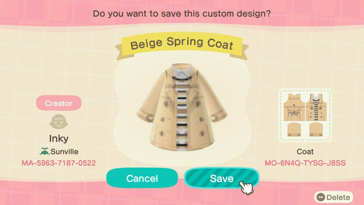 Animal Crossing Design Code: MO-6N4Q-TYSG-J8SS Beige Spring Coat