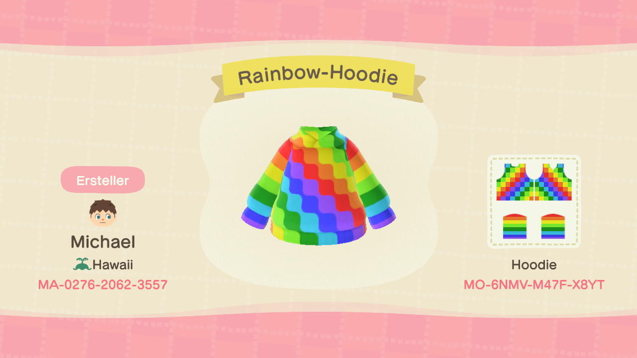 Animal Crossing Design Code: MO-6NMV-M47F-X8YT Rainbow-Hoodie