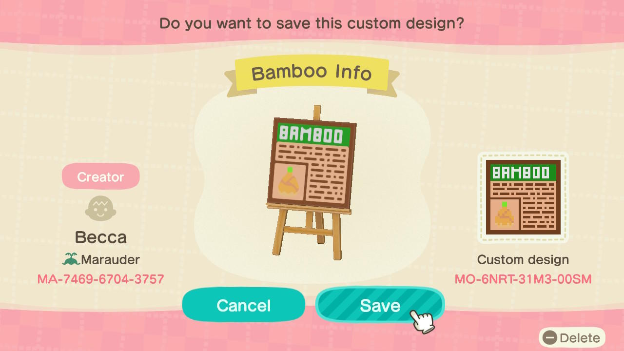 Animal Crossing Design Code: MO-6NRT-31M3-00SM Bamboo Info
