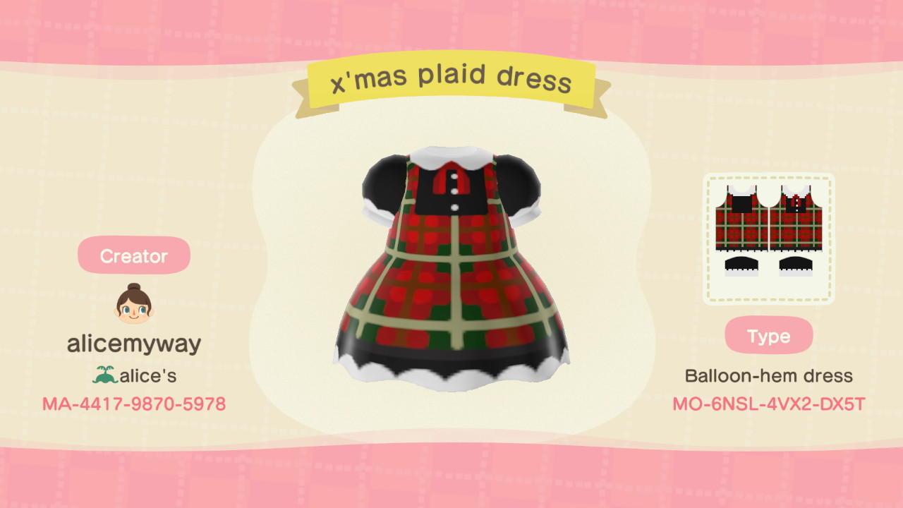 Animal Crossing Design Code: MO-6NSL-4VX2-DX5T X'mas Plaid dress