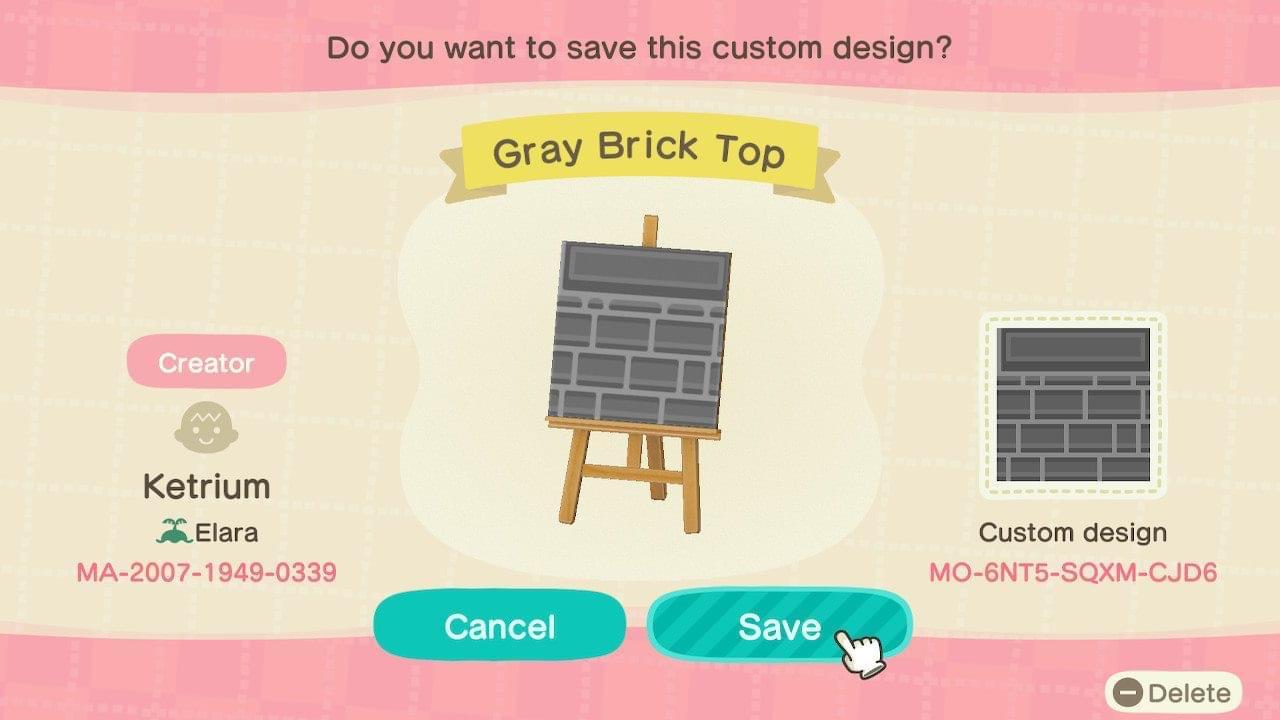Animal Crossing Design Code: MO-6NT5-SQXM-CJD6 Gray Brick Top