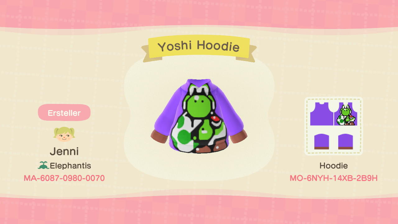 Animal Crossing Design Code: MO-6NYH-14XB-2B9H Yoshi Hoodie
