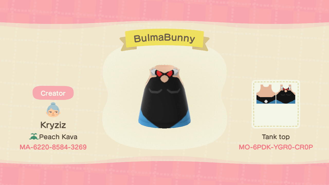 Animal Crossing Design Code: MO-6PDK-YGR0-CR0P Bulma Bunny
