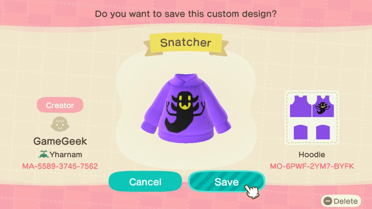 Animal Crossing Design Code: MO-6PWF-2YM7-BYFK Snatcher