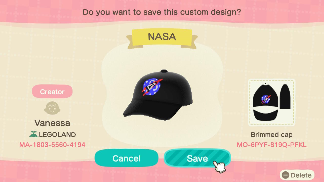 Animal Crossing Design Code: MO-6PYF-819Q-PFKL NASA