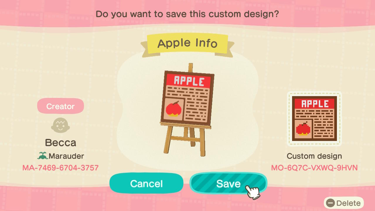 Animal Crossing Design Code: MO-6Q7C-VXWQ-9HVN Apple Info