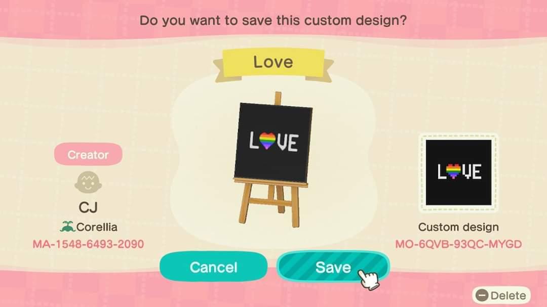 Animal Crossing Design Code: MO-6QVB-93QC-MYGD Love