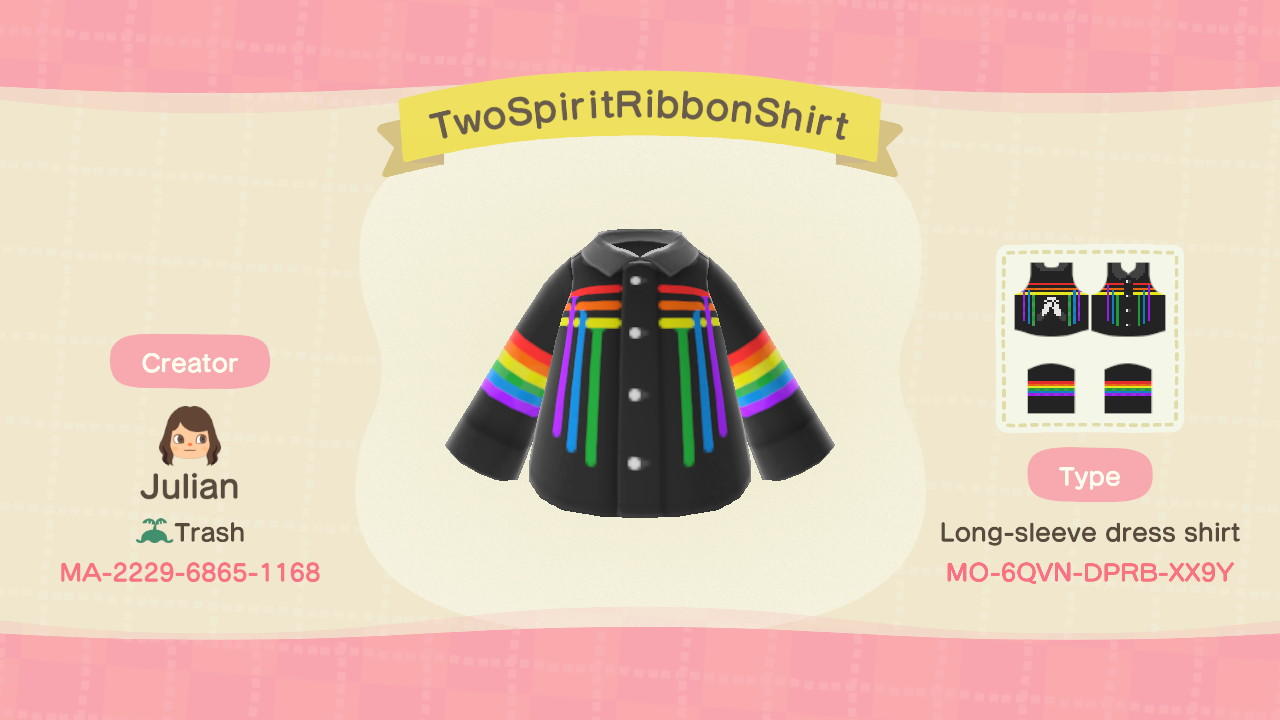 Animal Crossing Design Code: MO-6QVN-DPRB-XX9Y TwoSpiritRibbonShirt