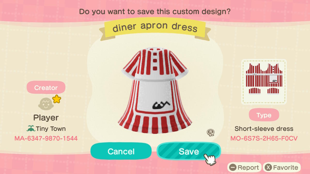 Animal Crossing Design Code: MO-6S7S-2H65-F0CV Diner Apron Dress