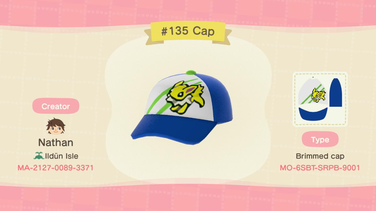 Animal Crossing Design Code: MO-6SBT-SRPB-9001 Jolteon cap