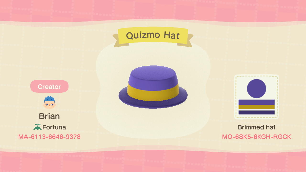 Animal Crossing Design Code: MO-6SK5-6KGH-RGCK Quizmo Hat