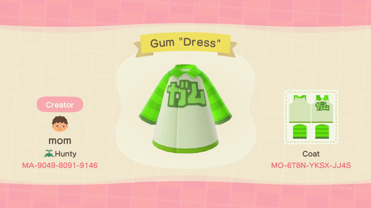 Animal Crossing Design Code: MO-6T8N-YKSX-JJ4S Gum Dress (JSR)