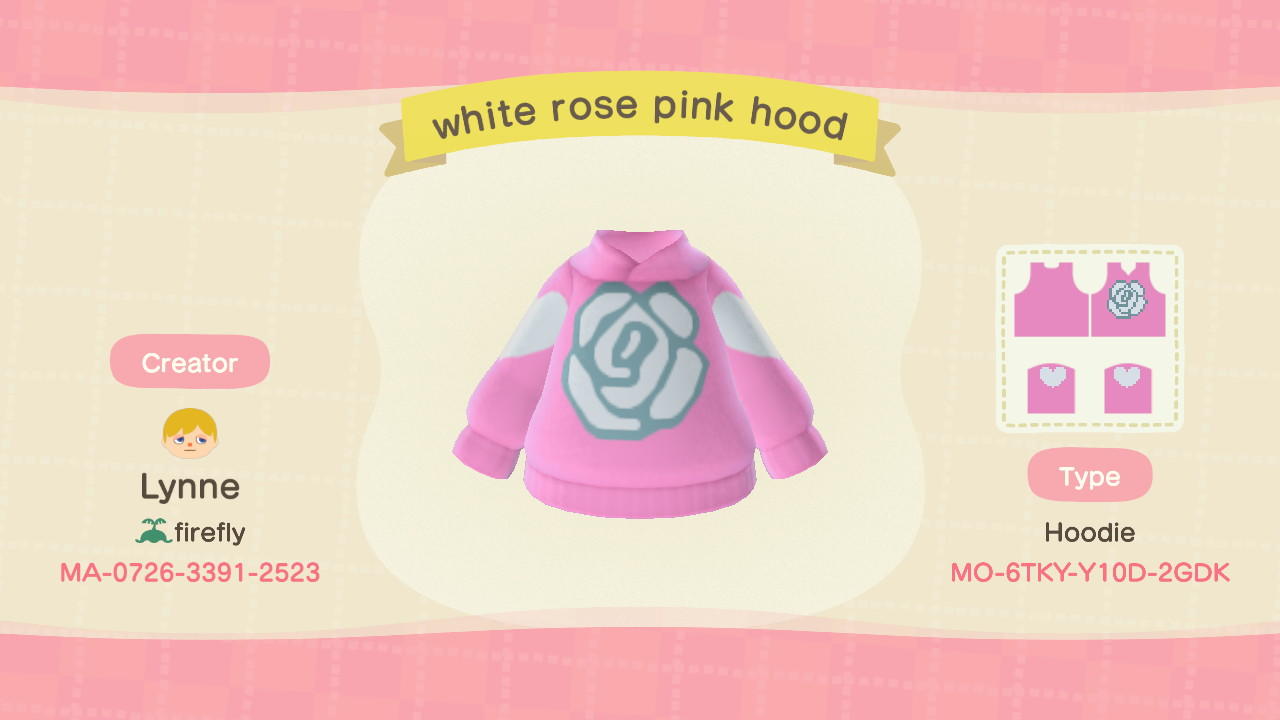 Animal Crossing Design Code: MO-6TKY-Y10D-2GDK White rose pink hood