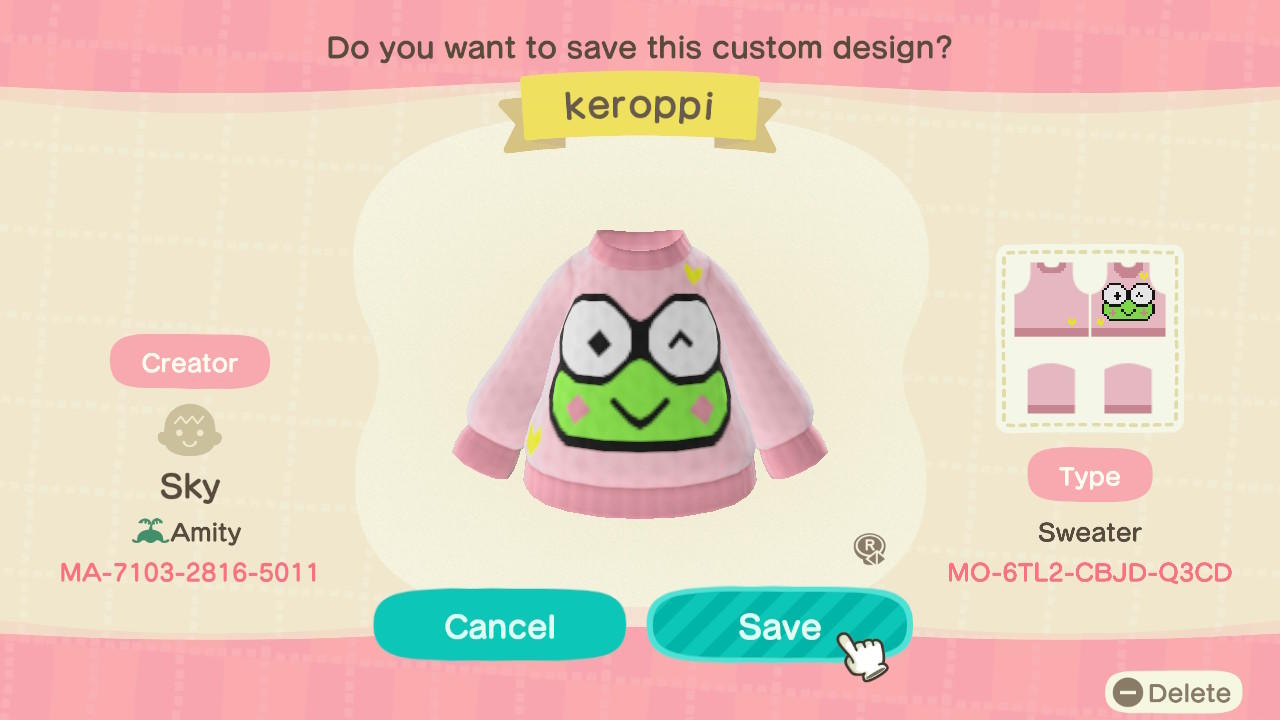 Animal Crossing Design Code: MO-6TL2-CBJD-Q3CD Keroppi Sweater