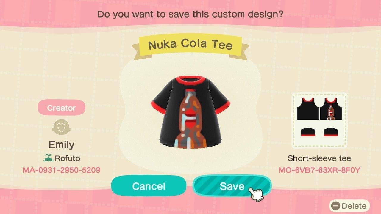 Animal Crossing Design Code: MO-6VB7-63XR-8F0Y Nuka Cola Tee