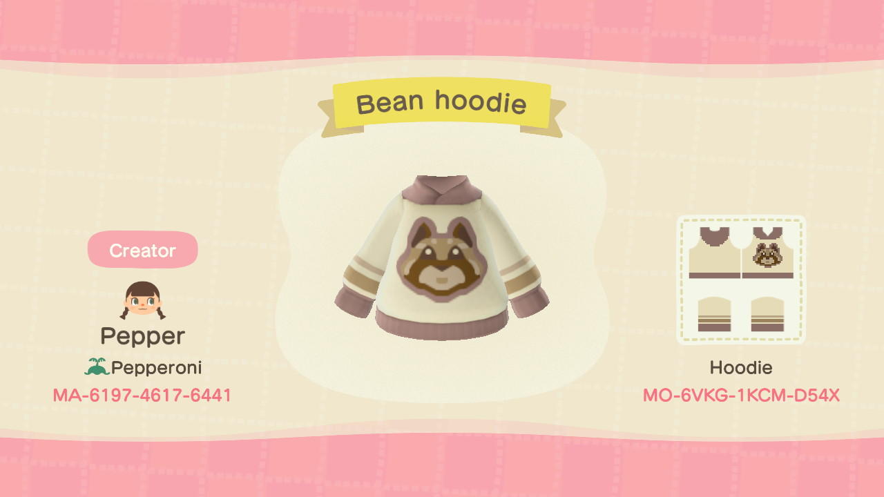 Animal Crossing Design Code: MO-6VKG-1KCM-D54X Bean Hoodie