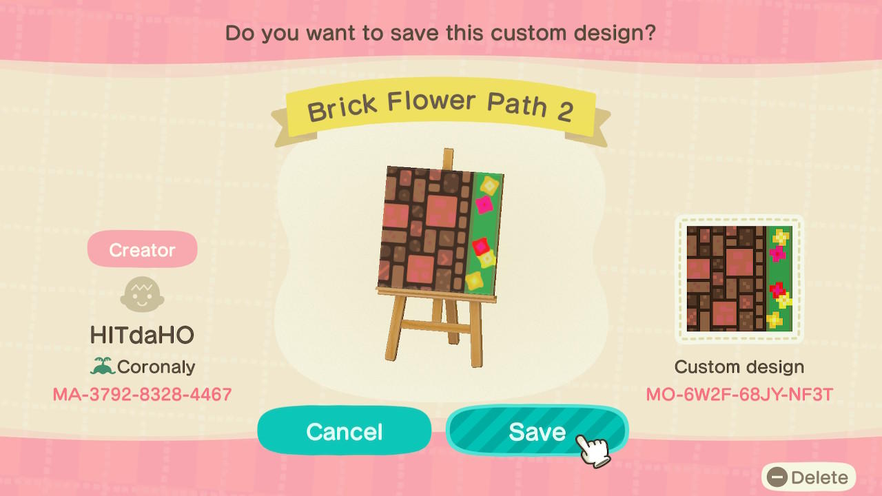 Animal Crossing Design Code: MO-6W2F-68JY-NF3T Brick Flower Path 2