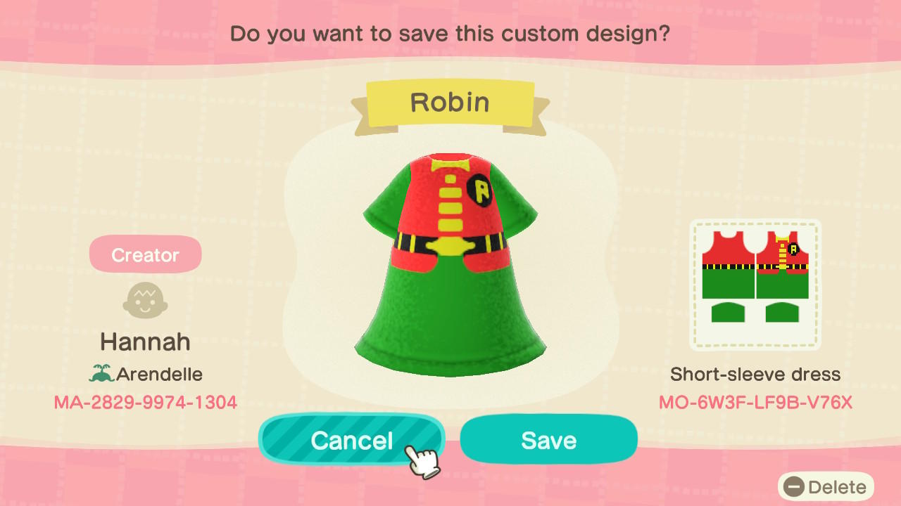 Animal Crossing Design Code: MO-6W3F-LF9B-V76X Robin