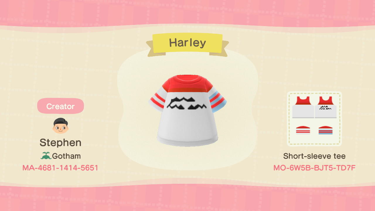 Animal Crossing Design Code: MO-6W5B-BJT5-TD7F Harley Quinn Tee