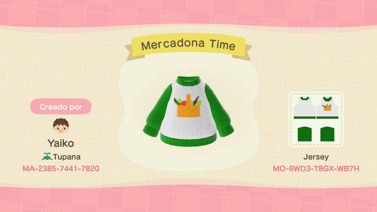 Animal Crossing Design Code: MO-6WD3-T8GX-WB7H Mercadona Sweater
