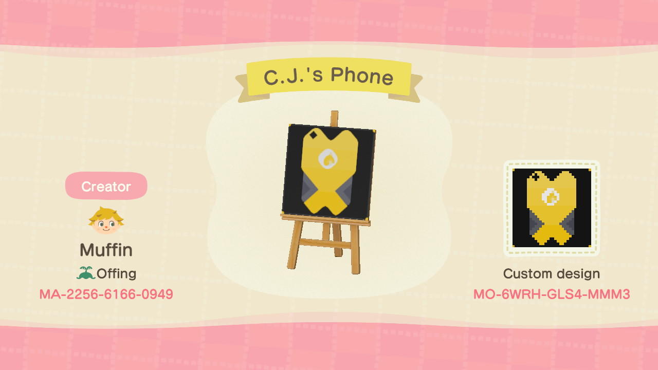 Animal Crossing Design Code: MO-6WRH-GLS4-MMM3 C.J.&#39;s Phone